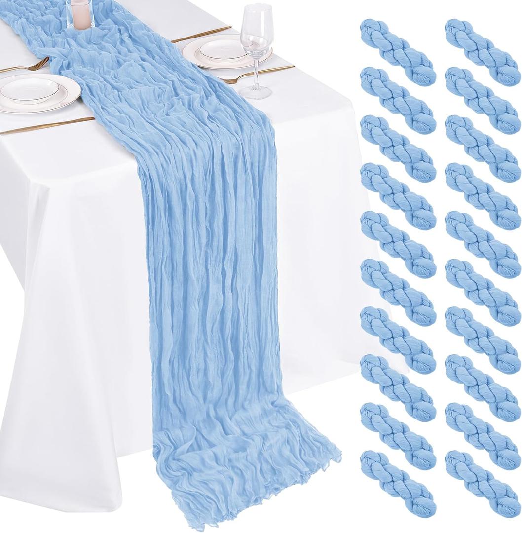 20 Pack Cheesecloth Table Runner - 17x108 Inch Light Blue Boho Gauze Cheese Cloth Table Runners for Baby Bridal Shower Decoration Wedding Party Summer Garden Farmhouse