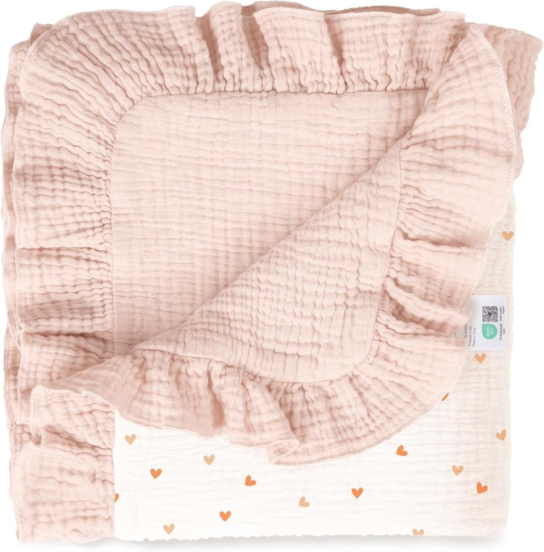lulumoon Muslin Ruffle Baby Blanket - Soft Breathable 100% Cotton Newborn Wrap for Stroller Travel & Car Seat - Ideal for Photography & Nursery Decoration 40"x36"(Pink Heart)
