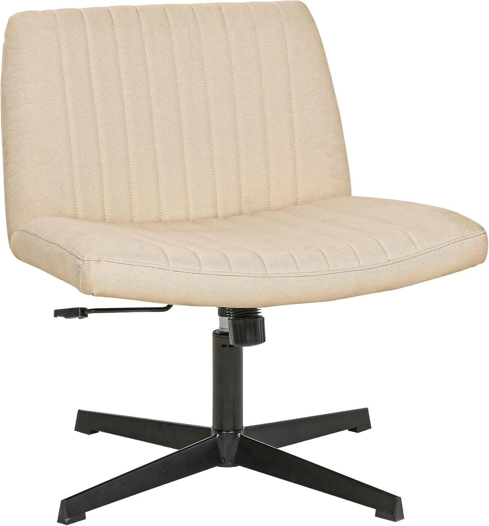 FDW Criss Cross Chair Armless Cross Legged Office Desk Chair Adjustable Swivel Ergonomic Desk Chair No Wheels U Shaped Backrest with Wide Seat Native Sponge Computer Task Vanity Chair for Home Office (Beige)