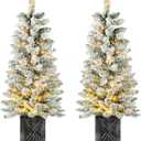 Set of 2 Christmas Trees with Lights 4-FT Artificial Potted Porch Snow Flocked Christmas Tree Battery Powered with 8 Modes and Timer for Indoor Outdoor