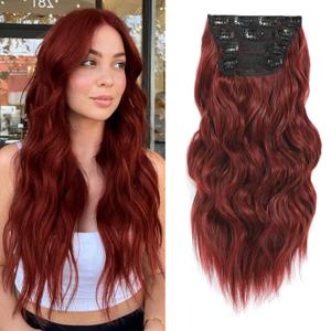 NAYOO Wine Red Hair Clip Extension for Women 4PCS Thick Hairpieces Long Wavy Natural Synthetic Clip in Hair Extensions20 inch, Wine Red