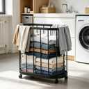Rolling Laundry Basket with Wheels, Portable Metal Laundry Basket Cart, Capacity Upgrade Metal Cloth Basket Hamper for Laundry Living Room, Bathroom, Bedroom (Black), 23.6" x 22.8" x 11.8"