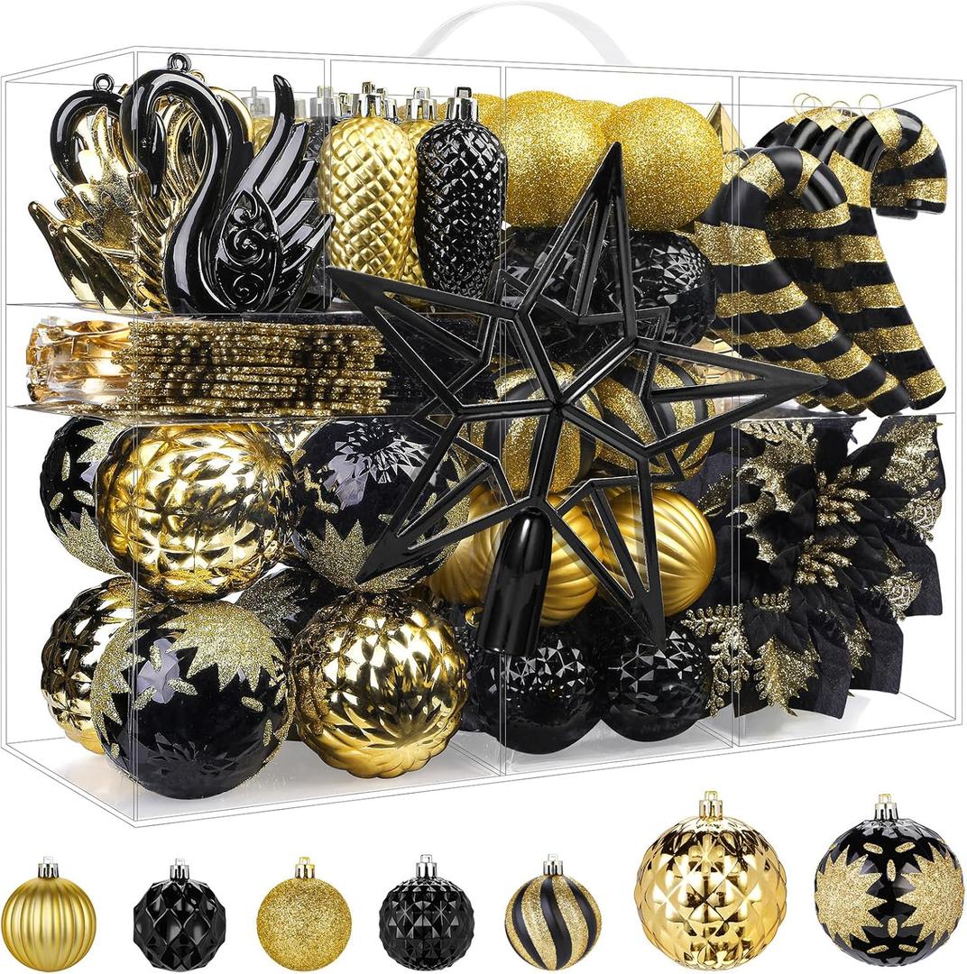 Alupssuc 128pcs Christmas Balls Ornaments Set, Shatterproof Plastic Baubles Christmas Flowers, Ribbon Tree Topper for Xmas Tree Holiday Wedding Party Decorations with Hanging Strings, Black and Gold
