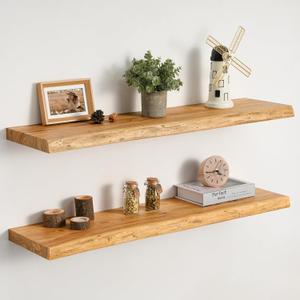 Floating Shelves Set of 2, Solid Elm Wood Wall Shelves 32 Inch - Invisible Bracket Mount for Living Room, Bedroom, Kitchen, Bathroom - Natural, Live Edge, 32"L, 2Packs