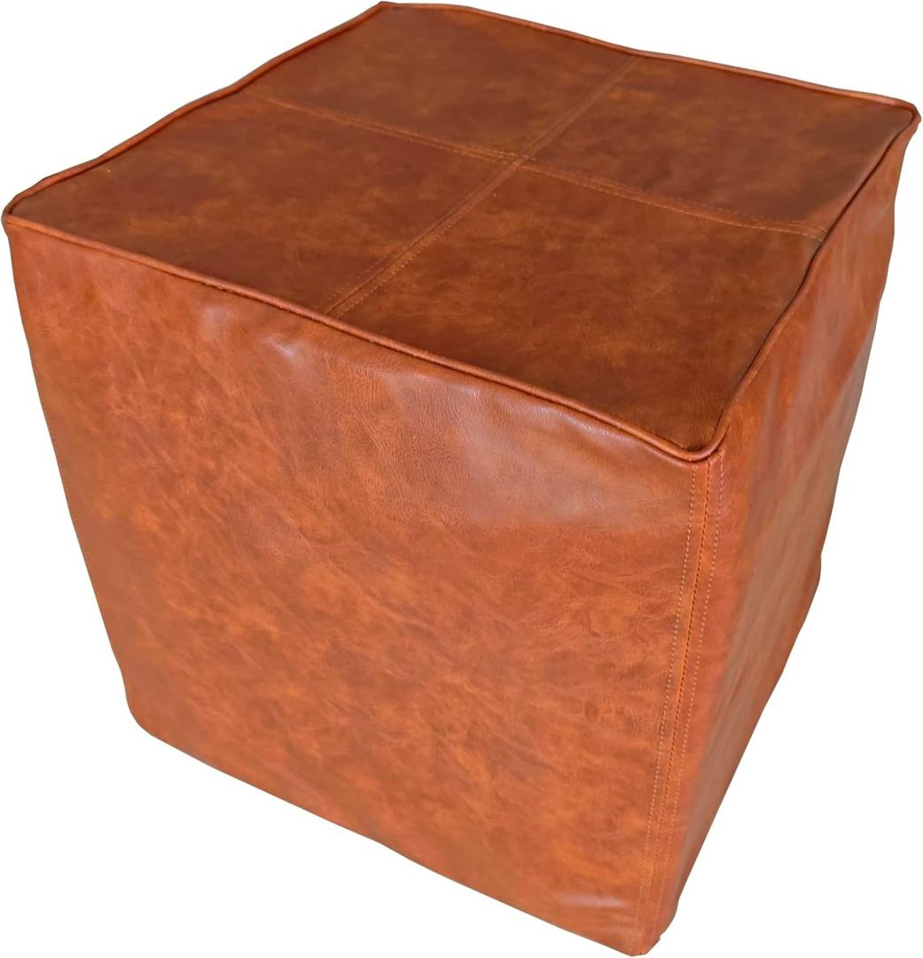Faux Leather Pouf Cover,Unstuffed Pouf Ottoman Square,17.7x17.7x17.7 Mid-Century Moroccan Large Floor Storage Foot Rest Bean Bag for Living Room Bedroom,Brown