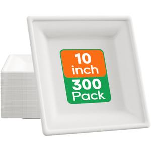 ECOLipak 10 Inch Square Paper Plates, 300 Pack Compostable Heavy Duty Biodegradable Paper Plates, Made from Sugarcane, Eco Friendly White Disposable Plates for Party, Dinner