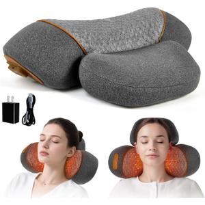 3-in-1 Rechargeable Neck Massager Pillow with Heat, Vibration & Traction, Deep Tissue Pain Relief, Neck Hump Corrector & Cervical Support for Home Office Travel (Gray) (Gray)