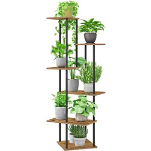 Plant Stand Indoor 6-Tier Metal Wood Plant Shelf for Multiple Flower Pots Corner Tall Flower Holders for Living Room Balcony Bedroom, Rustic Brown
