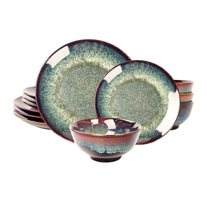 Dinner Set 12 Pieces - Round Reactive Glaze Tableware - Kitchen Dinnerware Porcelain Crockery with Dinner Plate, Bowl and Soup Plate Service for 4, Microwave Dishwasher Safe, Set (No.2)