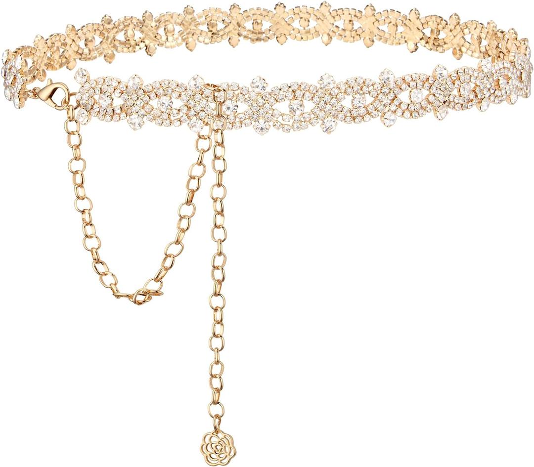 Rhinestone Belt Sliver Sparkly Crystal Dimonad Belt for Women Dresses Wedding Dress Bridal Belt (Fit Waist 27"-42", Gold Loop)