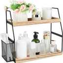 2 Tier Bathroom Counter Organizer with Drawer & Basket, Wooden Vanity Tray Countertop Shelf Accessories for Makeup Storage, Coffee Bar Station, Perfume Skincare, Kitchen, Bedroom (White)