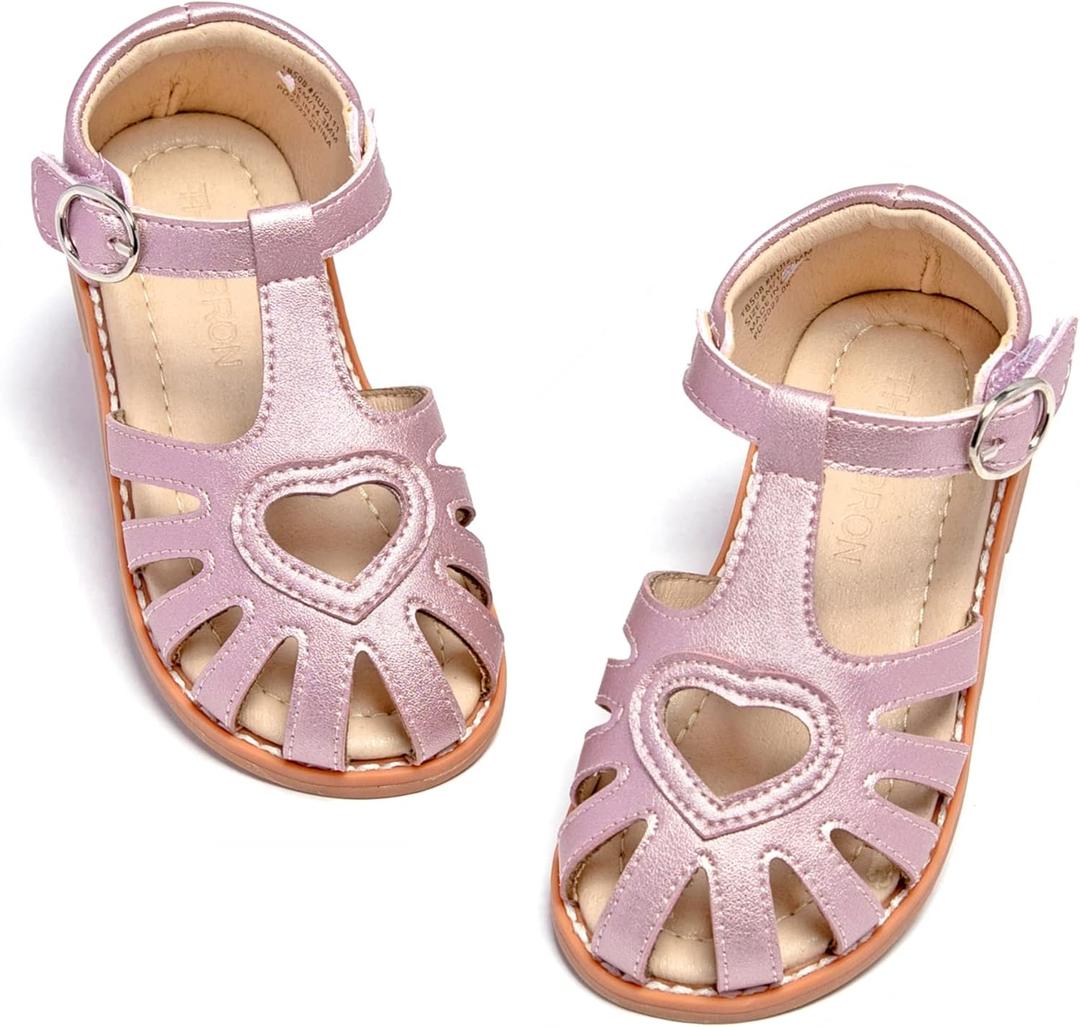 THEE BRON Toddler Girls Closed-Toe Sandals Sweet Retro Cutout Summer Dress Shoes (Pink, M)