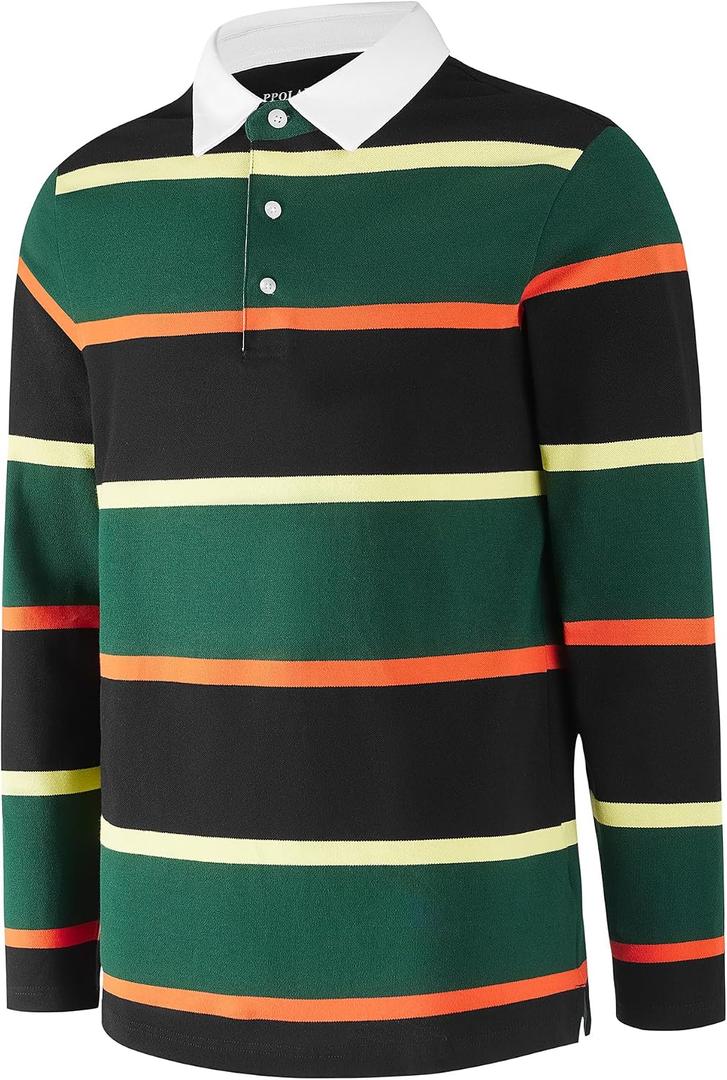Men's Polo Shirts Long Sleeve Striped Dry Fit Casual Collared Pique Golf Polo Shirts for Mens (XL)