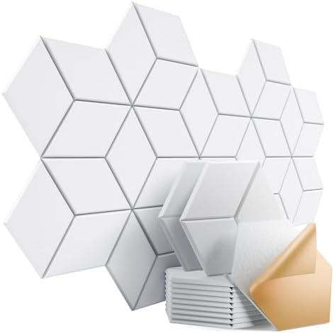 Dailycooper 12 Pack Self-adhesive Acoustic Panels 12" X 10" X 0.4" - Sound Proof Foam Panels with High Density, Stylish Y-Lined Design, Flame Resistant, Absorb Noise and Eliminate Echoes(White)