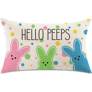Easter Throw Pillow Covers 12x20 Inch Hello Peeps Bunny Decor Linen Cushion Case Decorations for Sofa Couch (Double Sided Printed)