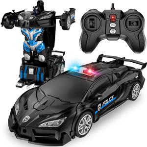 Remote Control Car, Transform Robot RC Cars, 2.4Ghz Transforming Police Car Toy with LED Light, One-Button Deformation and 360 Rotating Drifting, Toys for Boys Age 4-7 8-12 (Black)
