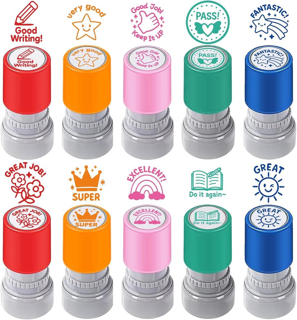 10PCS Round Teacher Stamps for Classroom-No Ink, Self-Inking Rubber Stamp for Grading Homework Behavior Stamp for Office Stationery Cute Encouraging Comments Reward Supplies