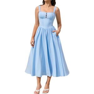 KUTUMAI Women Summer Corset Midi Dress Floral Lace Smocked Flowy A Line Wedding Guest Bridal Shower Dresses with Pockets (Blue, XS)