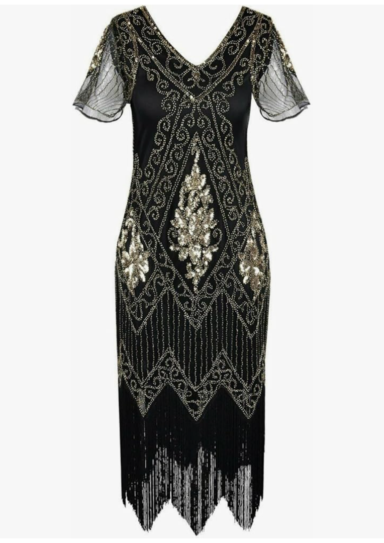 866 - Plus Size 1920s Vintage Fringed Gatsby Sequin Beaded Tassels Hem Flapper Party Prom Cocktail Concert Dress, L, Black Gold