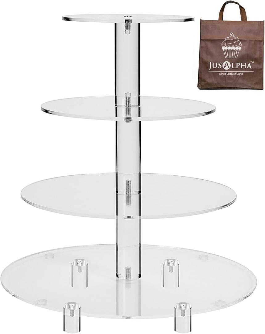 Jusalpha Large 4 Tier Cupcake Stand,Acrylic Round Cake Stand Dessert Tower Tea Party Serving Platter, Cupcake Tree Wedding Party Dcor, Stand with Rod Feet (4RF)
