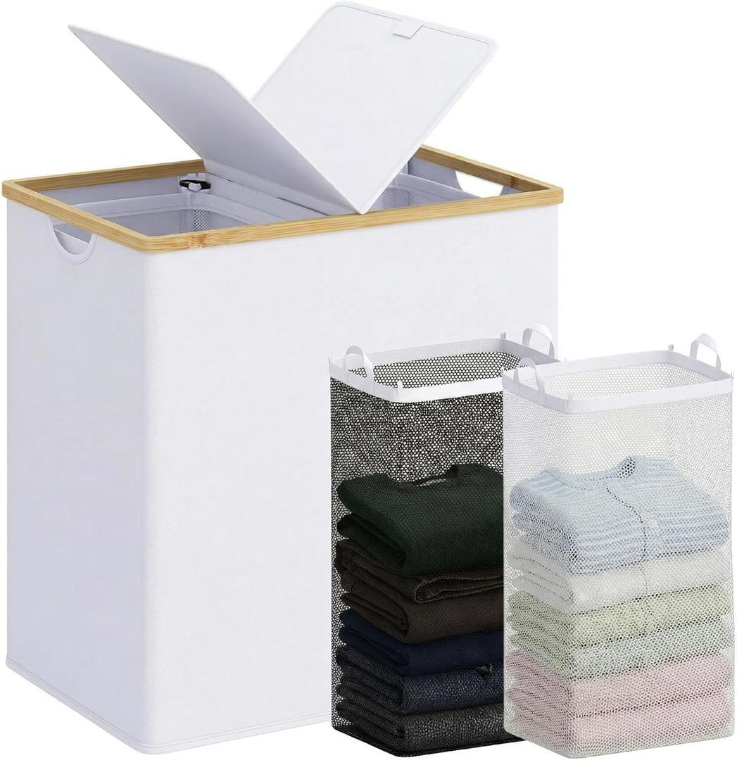 efluky Laundry Hamper with Lid, Double Laundry Basket with 2 Removable Bags, 2 Section Laundry Bin with Bamboo Handles for Bathroom, Bedroom & Laundry Room, 140L (36.9 Gallon) White, 140L Dual