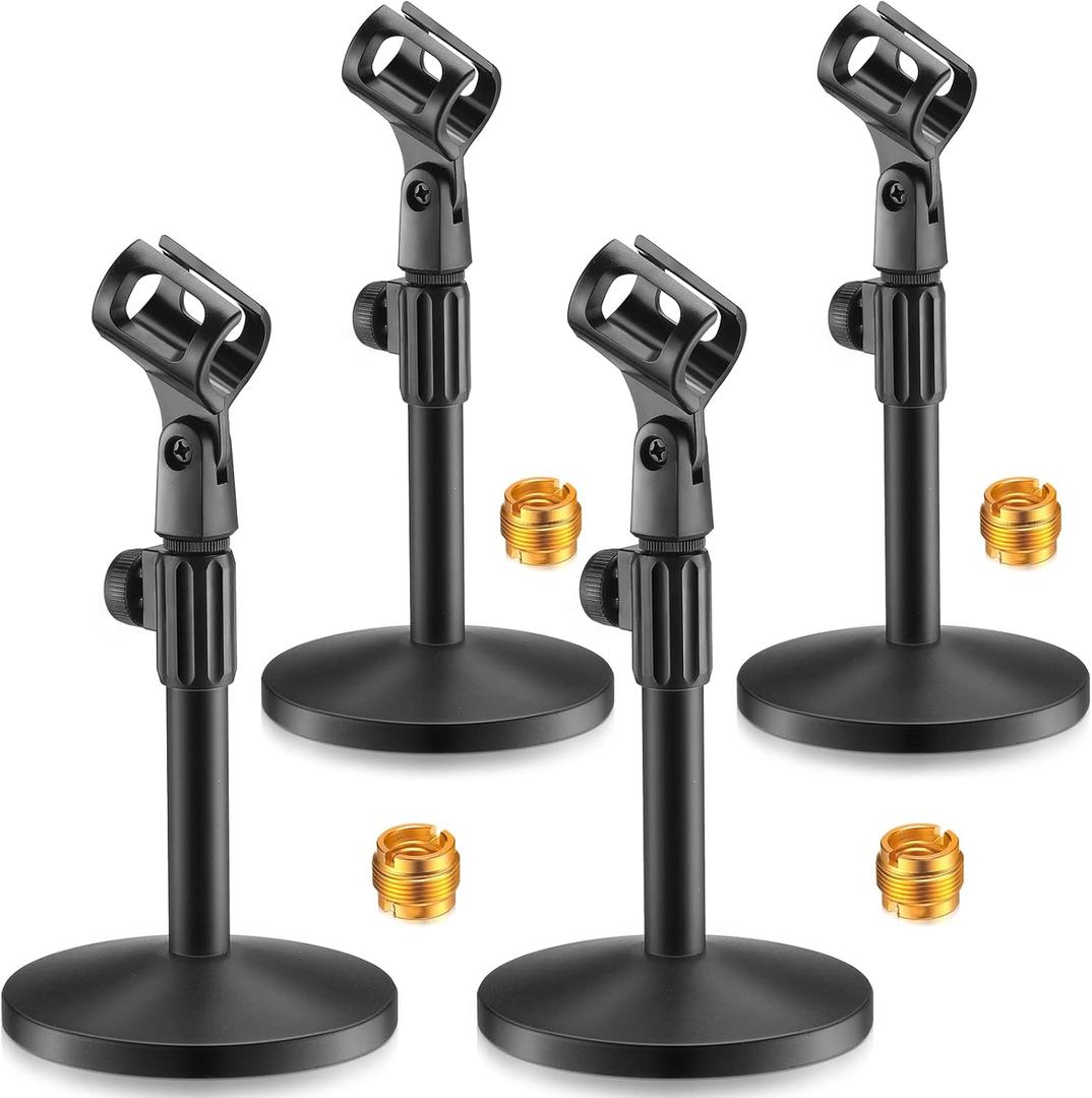 Hoteam 4 Pcs Desktop Mic Stand Adjustable tabletop Mic Stand microphone desk stands with 5/8" Male to 3/8" Female Screw Metal Round Base for Table Desk Interviews, Black