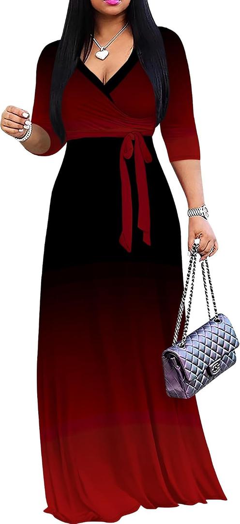 PinkPatty Women's Gradient Maxi Dress 3/4 Sleeves V Neck Cocktail Party Dress Belted Wrap Dresses 3XL