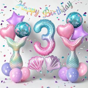 Mermaid Birthday Decorations for Girls Age 3-7, Purple Blue Pink Mermaid Theme Party Supplies with Large Shell Foil Balloons, Banner, Heart and Star Balloons for Kids Baby Shower (3rd)