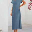 MEROKEETY Women's Summer Casual Maxi Dress 2026 Cap Sleeve V Neck Collared Beach Vacation T Shirt Long Dresses (Blue, L)