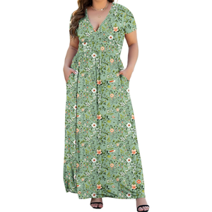 COSSEN Womens Plus Size Maxi Dresses for Curvy Women 2025 Casual Ladies V Neck Flowy Swing Long Dress with Pockets 3XL, Green Flowers 