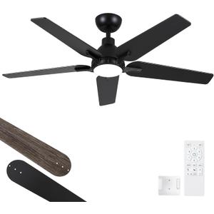 52 Inch Ceiling Fans with Lights and Remote, Black Modern Ceiling Fan for Bedroom, Living Room, Dining Room, Patio, LED Dimmable 6 Speeds DC Quiet
