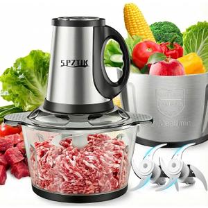 SPZTJK 3-Speed Electric Food Processor: Meat Grinder, Vegetable Chopper & Baby Food Maker - 300W, 2 Bowls (8 Cup Stainless Steel+8 Cup Glass), Quiet Operation