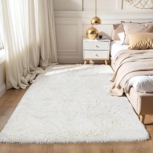 KCHOWUA Cream White Fluffy Area Rug for Girls Bedroom, 3'x5' Machine Washable Fuzzy Plush Carpet for Living Room, Soft Shaggy Throw Rug for Kids Dorm Room Nursery, Ivory
