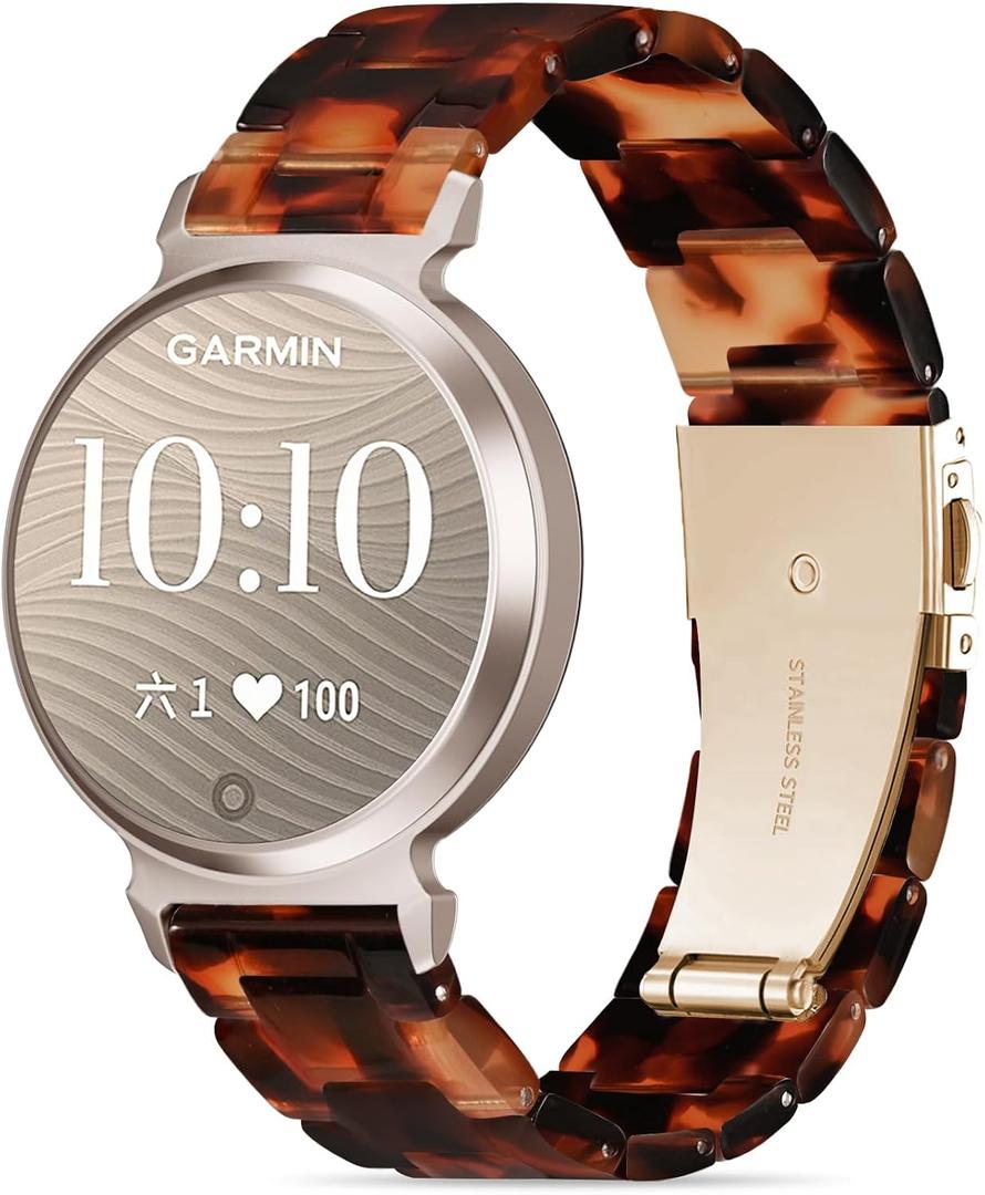 Compatible with Garmin Lily 2 Active Watch Band Resin, 14mm Wristband Bracelet Replacement Strap for Lily 2/2 Classic/2 Active Smart Watch Accessory for Women with Stainless Steel Buckle (Tortoiseshell)