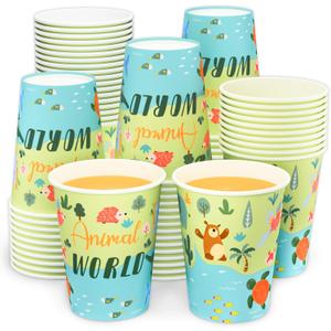 DYLIVeS Animal World Map Paper Cups, 100 Pack Jungle Safari Disposable Cups Woodland Atlantic Blue Ocean Cups Animals Birthday Party Supplies for Boys Baby Shower Birthday Party Decorations, 9 OZ