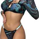 popiv Women 4 Piece Sexy Mesh Lingerie Set Rave Outfits Long Sleeve Crop Tops Bra and Panty Sets, Large