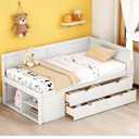 Twin Size Daybed, Solid Wood Storage Corner Bed Frame with Four Drawers and Three Shelves, Wooden Slates Support, No Box Spring Needed for Kids Teens, Boys and Girls (White)