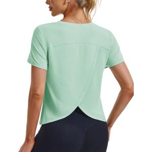 MAGCOMSEN Women's Cropped Workout Tops Short Sleeve Split Back Quick Dry Athletic Shirts Breathable for Running Yoga (Green, M)