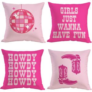Preppy Throw Pillow Cover,Howdy Cowgirl Boot Disco Ball Decorative Pillow Case,Retro Style Pink Preppy Room Bedroom Wedding Birthday Home Party Decor,Girls Just Wanna Have Fun 1818Inches,Set of 4