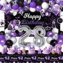 28th Birthday Decorations for Women, Purple Black Happy 28 Party Decor with Backdrop Banner, Tablecloth, 28 Number Foil Balloons for Her