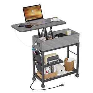 Colima Lift Top End Table with Charging Station and Wheels, Sofa Side Table with USB Port & AC Outlets, Movable Bedside Nightstand with Side Bag for Office Living Room Bedroom(Gray)