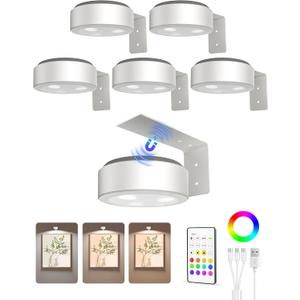 EZVALO Picture Lights for Wall, 2000mAh Rechargeable Battery Magnetic Poster Lights with 3 Color Temps & 12 RGB, Remote Dimmable Timer Painting Light, Wall Decor Light for Art Display, Frame (6 Pack) (White)