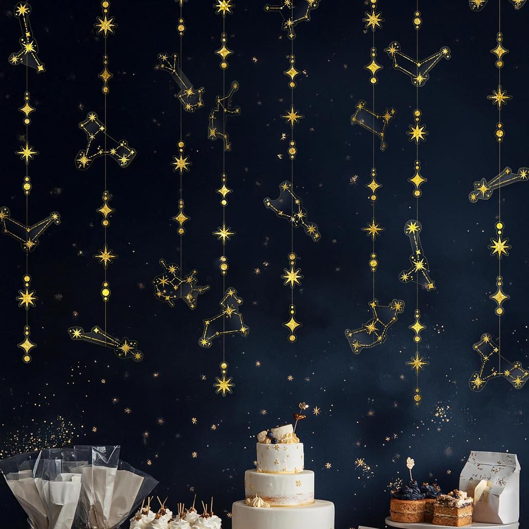 Cheerland Glitter Celestial Party Decorations Constellation Birthday Decoration Star Garlands Witchy Backdrop Astrology Decor Zodiac Theme Banner Hanging Stars Streamer Galaxy Party Suppplies (Gold)
