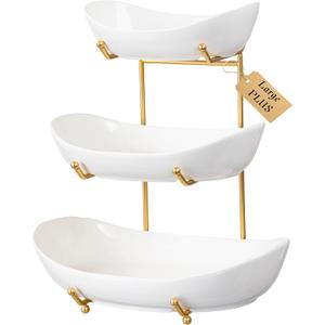 HBlife Fruit Bowl for Kitchen Counter - 3 Tier Fruit Basket with Metal Stand, Ceramic Fruit Holder, Tiered Fruit Platter Serving Trays for Party(Large Size) (White Bowl Gold Rack)