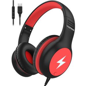 Voopwink Kids Headphones Wired with Microphone, USB Type C Headphones for Kids Girls Boys with Cord/LED Lights/85/94dB Volume Limit, Portable Over Ear Headphones for School/Travel/Tablet/iPad
