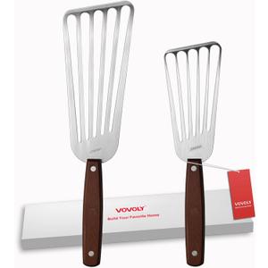 2 Pack Fish Spatula Turner, Stainless Steel Slotted Spatulas for Flipping, Turning, Frying & Grilling, 3"x6"+4"x8" Metal Slotted Spatulas, Wooden Full Tang Handle & Curved Blade