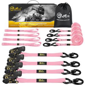 4Pcs Ratchet Tie Down Straps Kit for 2400lb Break Strength | 1 x 16FT Tie Down Straps with Soft Loop Tie-Downs & Safety S Hook - Cargo Strap Tie Down for Trucks, Motorcycle, Moving, Appliances - Pink