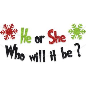 Christmas Baby Shower Banner He Or She Who Will It Be Gender Reveal Party Decoration Winter Snowflake Garland Ideas Red Green