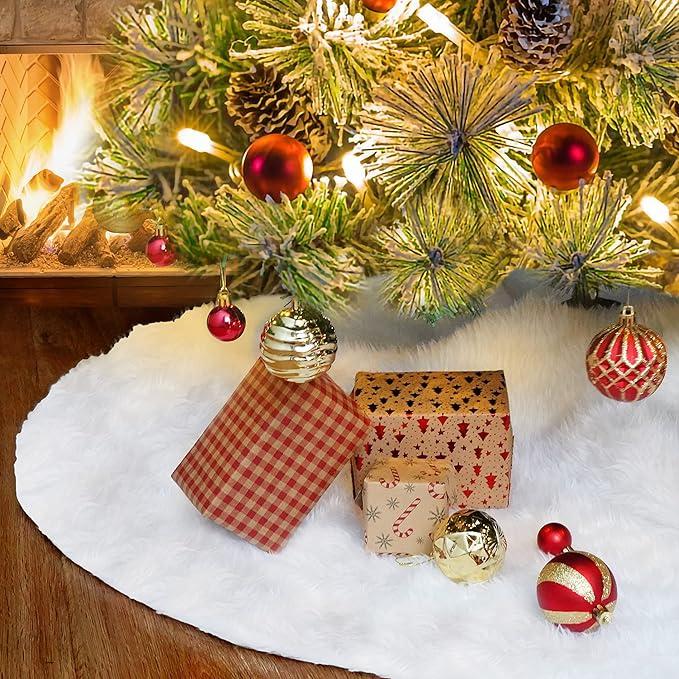 48inch White Christmas Tree Skirt - Faux Fur Plush White Tree Skirts for Home Christmas Tree Decoration Holiday Party Christmas Decorations