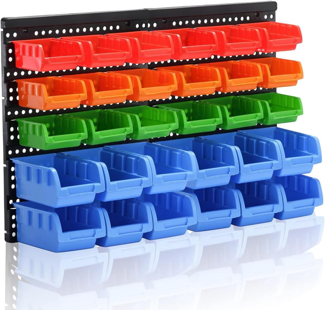 Wall Mounted Storage Bins Parts Rack 4 Colors Garage Plastic Shop Tool Organizer, ABS Plastic Garage Rack, Screw Storage 30 Bins (25.2inch*16.2inch)
